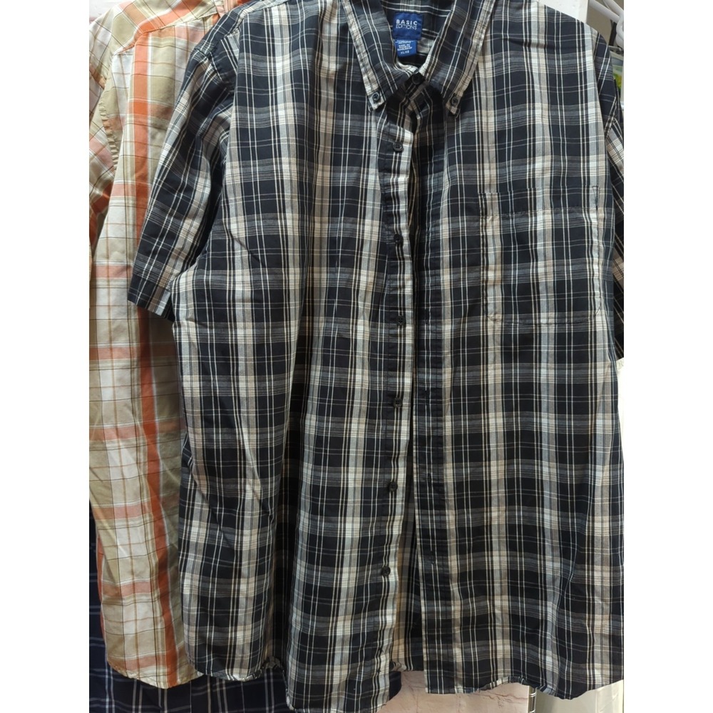 Basic Editions XL men button front plaid 4 shirts black blue orange short sleeve - Picture 7 of 15